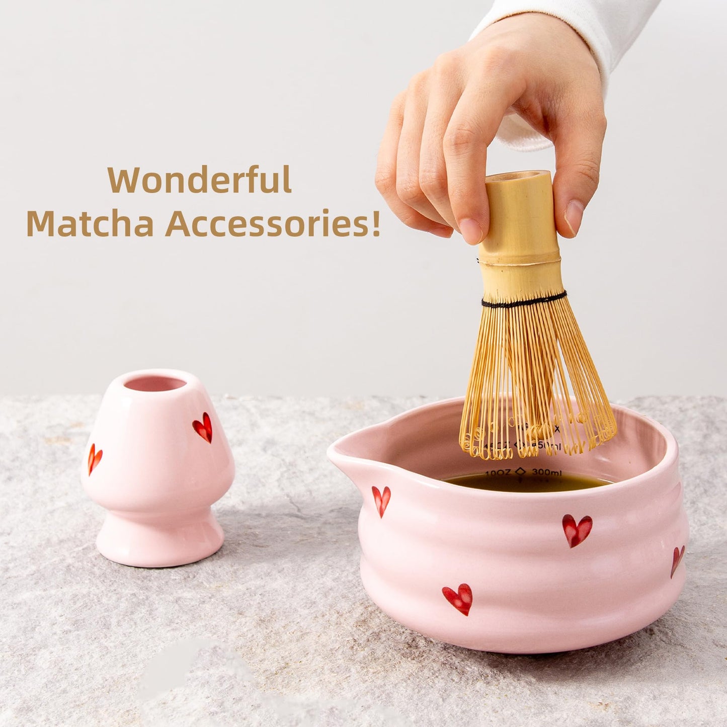 YumiPLUS Ceramic Matcha Bowl with Bamboo Whisk Holder, Pink Love, Set of 2