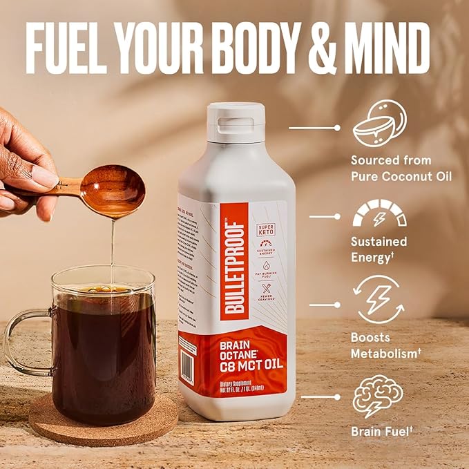 Bulletproof Brain Octane C8 MCT Oil, 32 Ounces (Pack of 2), Keto Supplement for Sustained Energy and Craving Support