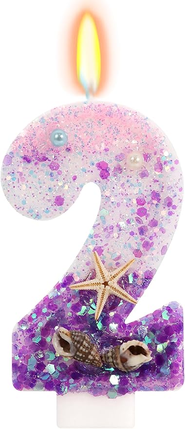 Purple Mermaid Party Number 2 Cake Candles, 2.76 inch Birthday Candle, Cake Topper Decoration for Birthday Party (Number 2)