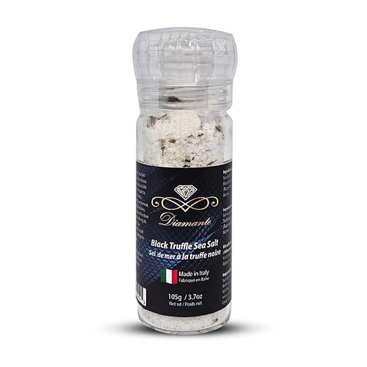 Diamante Italy Black Truffle Sea Salt with Glass Grinder - Gourmet Truffle Salt Seasoning - Specialty Seasoning - Non GMO & Made in Italy - 105g