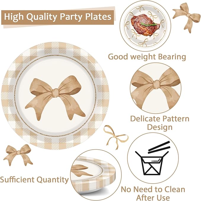 96Pcs Beige Plaid Bow Plates and Napkins Coquette Party Decorations Bow Theme Dessert Paper Plates Napkins Forks Birthday Tableware Set for 24 Guests Girls Boys Baby Shower Picnic BBQ Party Supplies