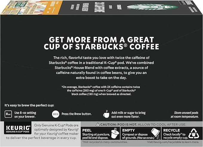 Starbucks K-Cup Coffee Pods, Starbucks Blonde Roast Coffee With 2X Caffeine Veranda Blend For Keurig Brewers, 100% Arabica, 6 Boxes (60 Pods Total)
