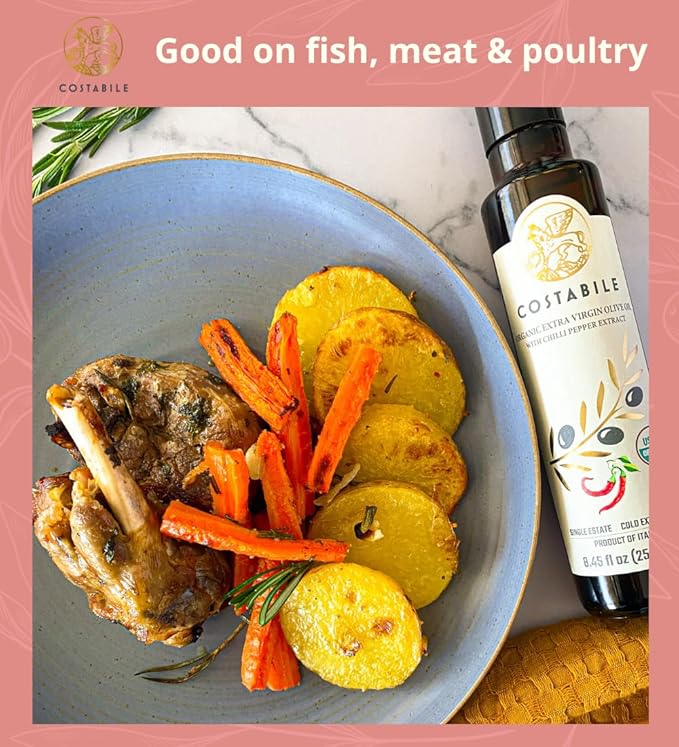 Chilli oil. Spicy Extra Virgin Olive Oil from Puglia, Italy, Infused with Organic Hot Red Peppers. Perfect as Spicy Vegan Chili Dressing - COSTABILE 16.9 Fl. Oz.