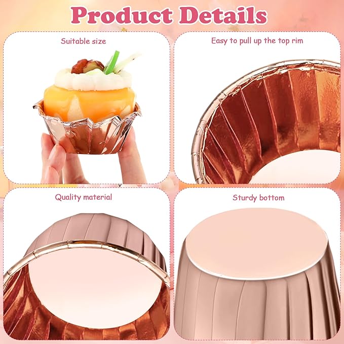 300 Pack Rose Gold Cupcake Liners Bulk Disposable Foil Muffin Cups 3.5 oz Wrappers for Baking Aluminum Paper Mini Metallic Disposable Holiday Party Wedding Festival Supply