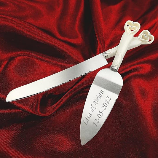GIFTS INFINITY® Personalized Wedding White Interlock Heart Cake Knife and Server Set Free Engraving (2401) - Valentine's Day Gift