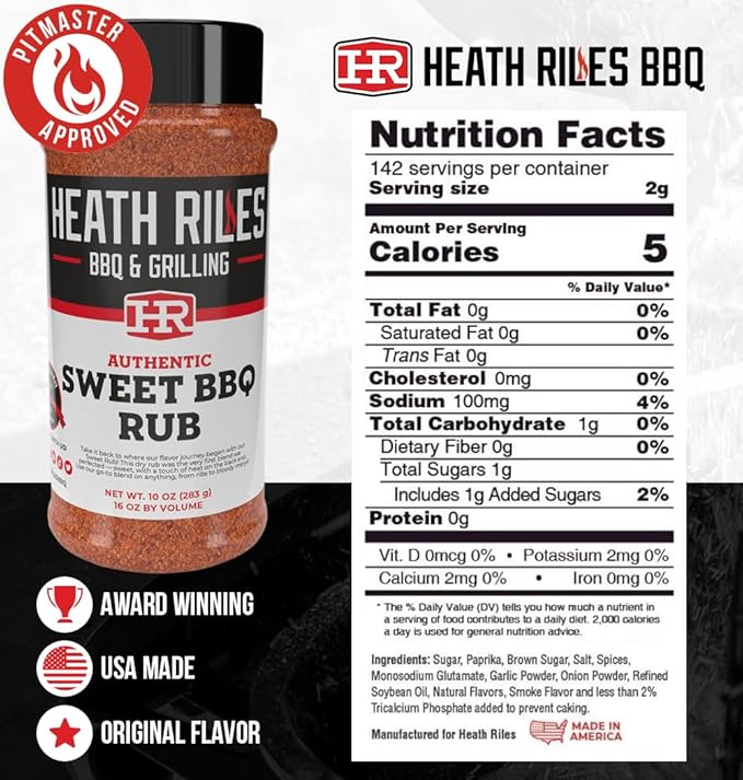 Heath Riles BBQ Rub - Sweet Seasoning, Champion Pitmaster Recipe, Legendary Rubs For Smoking & Grilling, 70+ BBQ Championships, 10 oz.