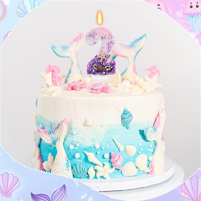 Purple Mermaid Party Number 2 Cake Candles, 2.76 inch Birthday Candle, Cake Topper Decoration for Birthday Party (Number 2)