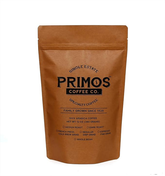 Single Origin Specialty Coffee, Whole Bean, Medium Roast, Direct Trade, Primos Coffee Co, 12 Oz.