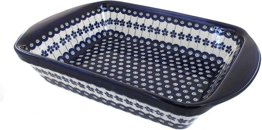 Blue Rose Polish Pottery - Blue Flowering Peacock Rectangular Baker with Handles - 9" x 6.5" - Unique, Dishwasher Safe, & Durable Bakeware