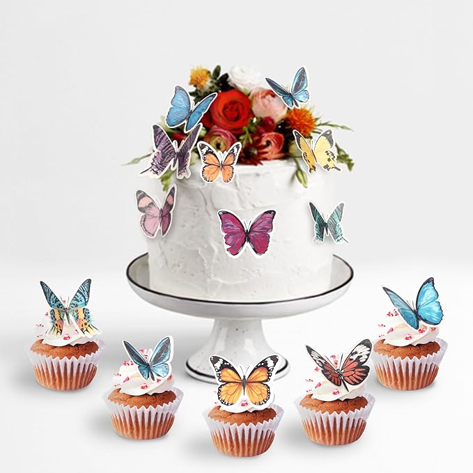 Rsstarxi 60 Pack Edible Butterfly Cake Decorations, Wafer Paper Butterfly Cupcake Toppers Butterfly Birthday Party Decorations for Baby Shower Wedding Anniversary Party Decorations Supplies
