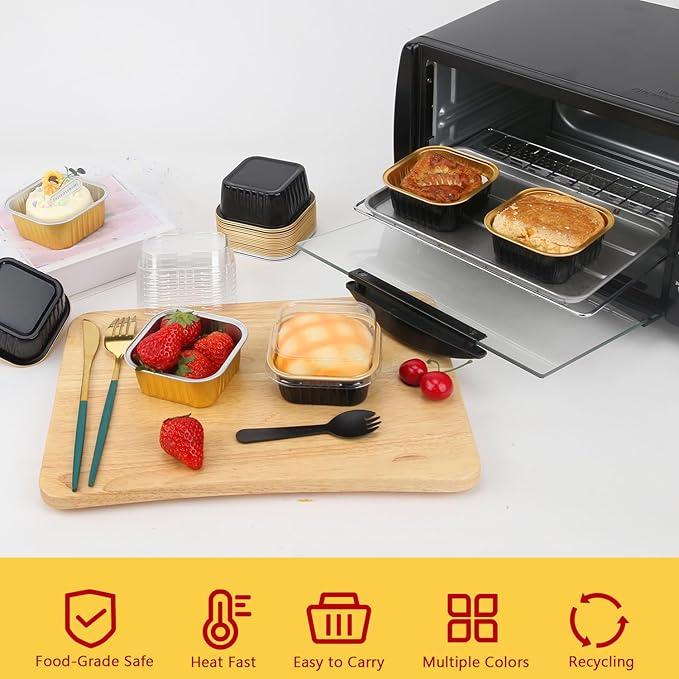 120pack 5oz Mini Cake Pans with Lids,LNYZQUS Disposable Ramekins Muffin Tins Cupcake Baking Cups,Small Aluminum Foil Brownie Baking Pan Containers Mini Cheesecake Holders-Black
