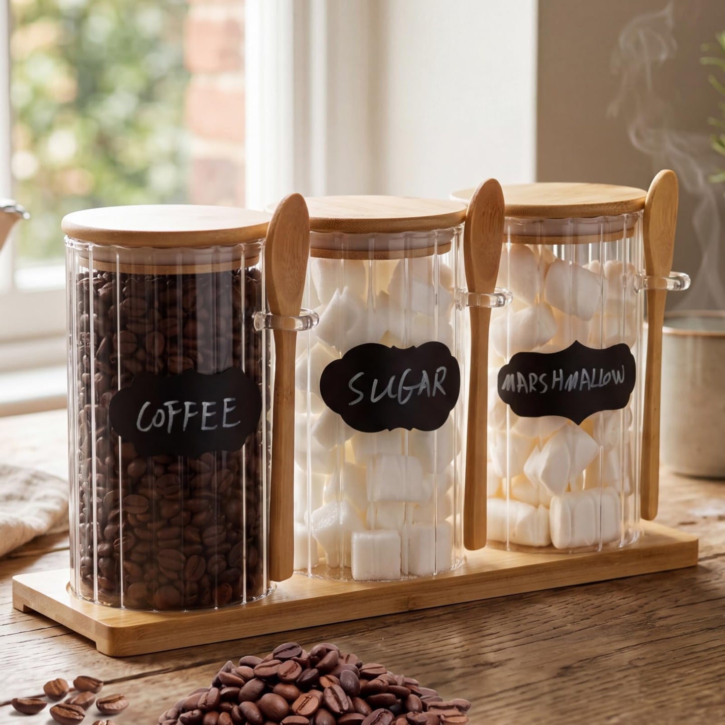 Yiyiring Set of 3 Glass Coffee Container with Bamboo Lids Spoons Labels 25 oz Clear Airtight Jar