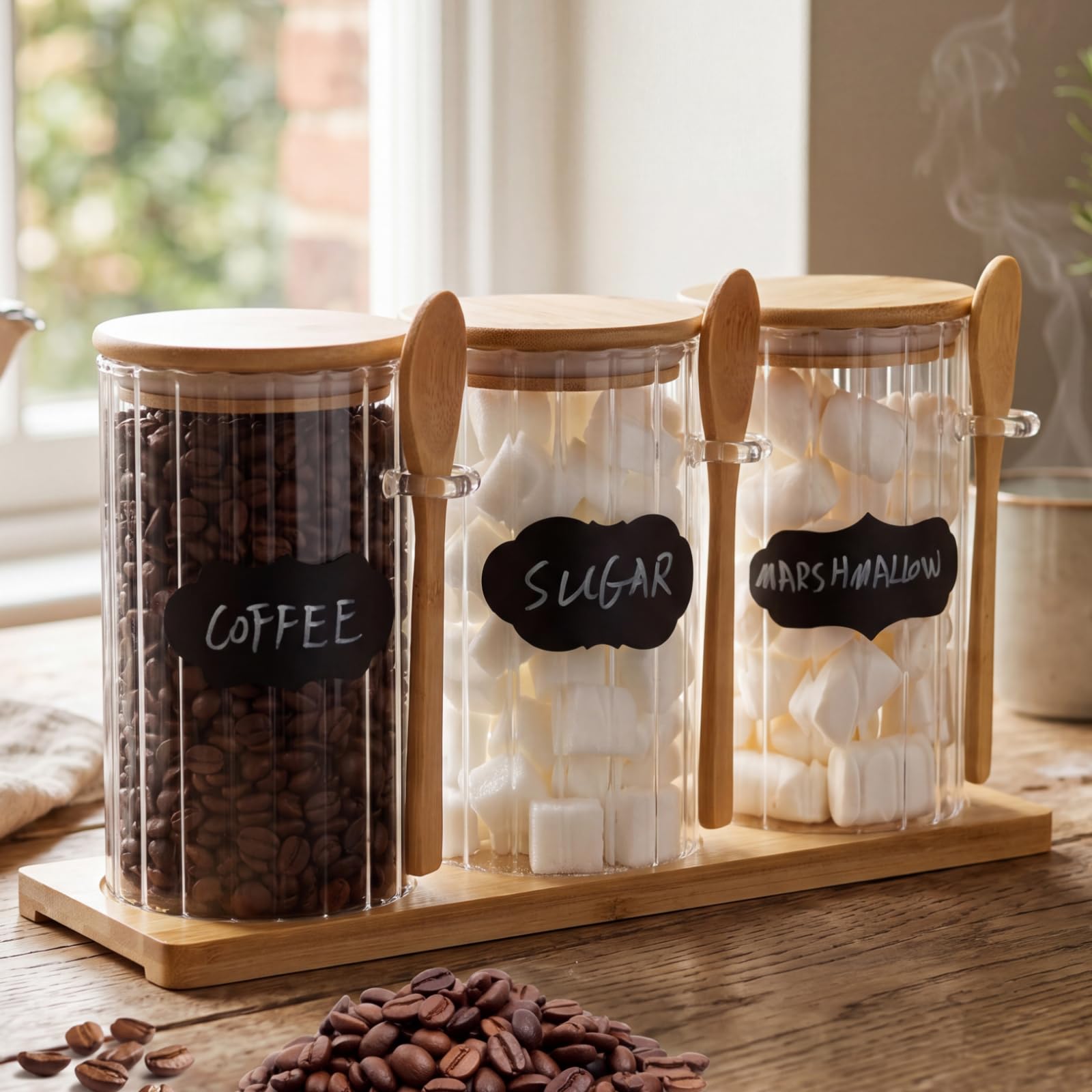 Yiyiring Set of 3 Glass Coffee Container with Bamboo Lids Spoons Labels 25 oz Clear Airtight Jar