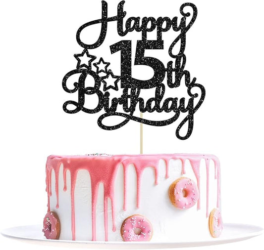 1 Pack Happy 15th Birthday Cake Topper Black Glitter Mis Quince 15 Cheers to 15 Years Old Birthday Cake Pick for Celebrating 15th Birthday Anniversary Party Cake Decorations Supplies