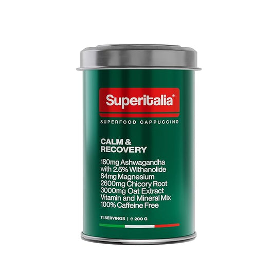 Calm & Recovery (11 servings) - Instant Coffee - 100% caffeine-free with Ashwagandha & Magnesium - Superfood Cappuccino by Superitalia - official partner of Hyrox - Made in Italy