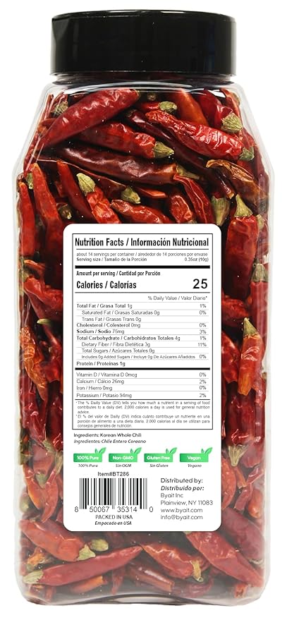 Byait Korean Whole Chili Peppers 5 Oz, Pure Red Chilies for Authentic Korean Cooking, Kimchi, Seasoning, Jeonche Gochu, Perfect for Soups, Stews, Stir-Fries & Spice Blends
