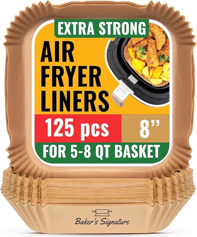 Air Fryer Paper Liners, 125Pcs Air Fryer Disposable Liners, Non-Stick and Oil Proof for Easy Cleanup, 8??Square for 5-8 qt Basket by Baker's Signature