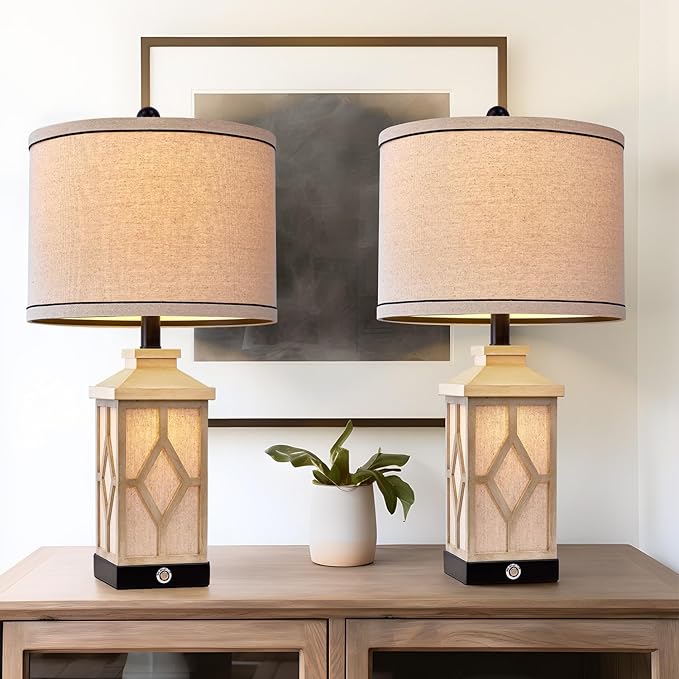 23.5" Touch Table Lamps for Living Room Set of 2 Farmhouse Bedside Lamps with USB A+C Charging Ports 3-Way Dimmable White Lamps Retro Lamps for Night Stands Boho Bedroom Lamp
