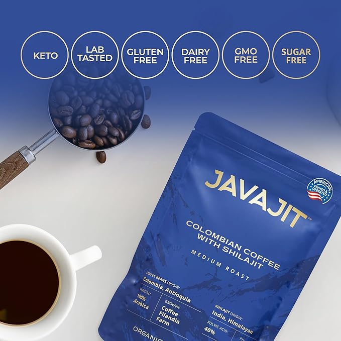 Colombian Coffee with Shilajit ??Medium Roast Organic Ground Coffee, Energy & Immunity Boost, 250mg Himalayan Shilajit per Serving, 16 Servings