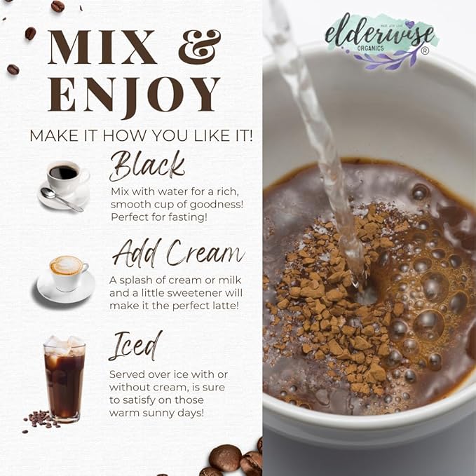 Elderwise Organics Coffee with Mushrooms & Sea Moss - Lion's Mane, Chaga, Reishi & Cordyceps - 24 Servings - Healthy Coffee - Freeze Dried Instant - Chemical free - Fair Trade
