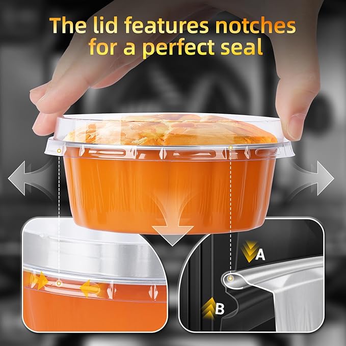 Beasea Ramekins Baking Cups with Lids, 120 Pack 8 oz 4 Inch Mini Disposable Orange Aluminum Foil Creme Brulee Baking Cups Small Round Cupcake Tart Pie Tins Pans Individual Containers Oven Safe