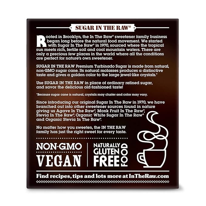 Sugar In The Raw Turbinado Cane Sugar Packets, 25 Ct, Pure, All-Natural Turbinado Sugar, Non-GMO Project Verified, Kosher, Vegan and Gluten Free