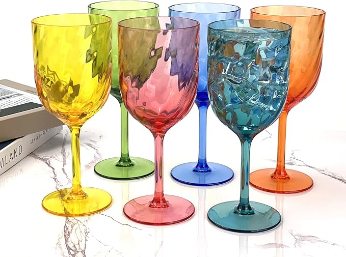 Yalin Set of 6 Unbreakable 12 oz Acrylic Plastic Wine and Water Tumbler Stackable Goblets. (Multicolor, 15 oz)