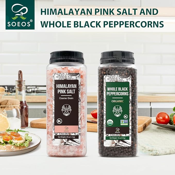 Soeos Himalayan Pink Salt Coarse 39 oz + Organic Black Peppercorns 18 oz, Salt for Grinder Refill, Salt and Peppercorns, Pepper Grinder Refill, Non-GMO Spice Seasoning Set For Cooking