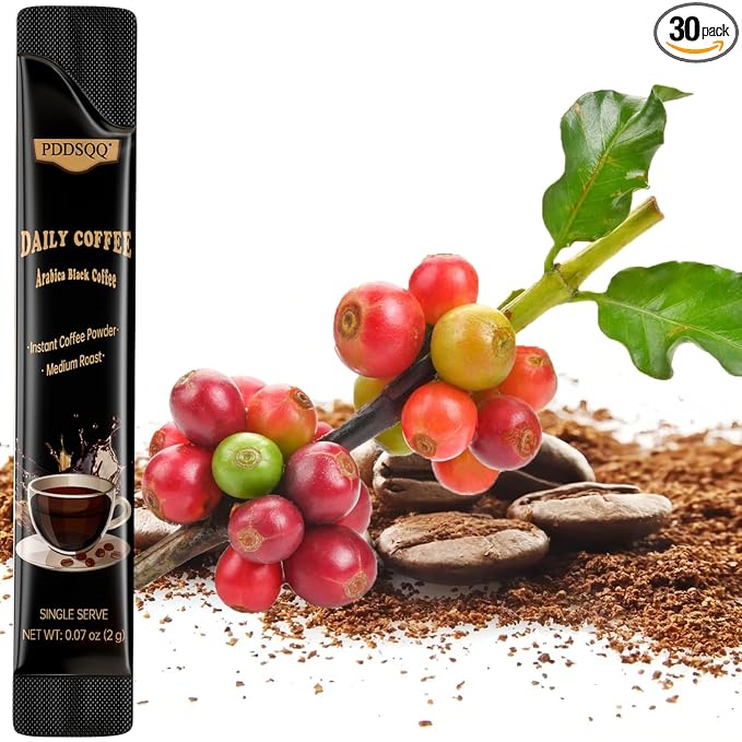 Instant Coffee 30 Packets Single Serve, Sugar Free -Medium Roast -Lightly Flavored, 100% Arabica Pure Black Coffee Powder, Organic Instant Coffee Sticks for Hot & Iced