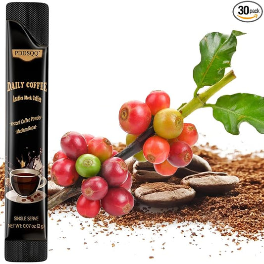 Instant Coffee 30 Packets Single Serve, Sugar Free -Medium Roast -Lightly Flavored, 100% Arabica Pure Black Coffee Powder, Organic Instant Coffee Sticks for Hot & Iced