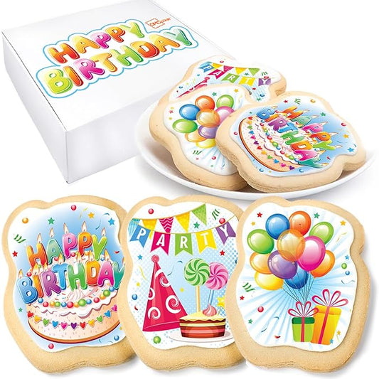 Happy Birthday Cookies Decorated Gift Basket Large 6 pack | Individually Wrapped Sugar Cookie Jumbo with Icing Cake Party | Nut-Free Kosher