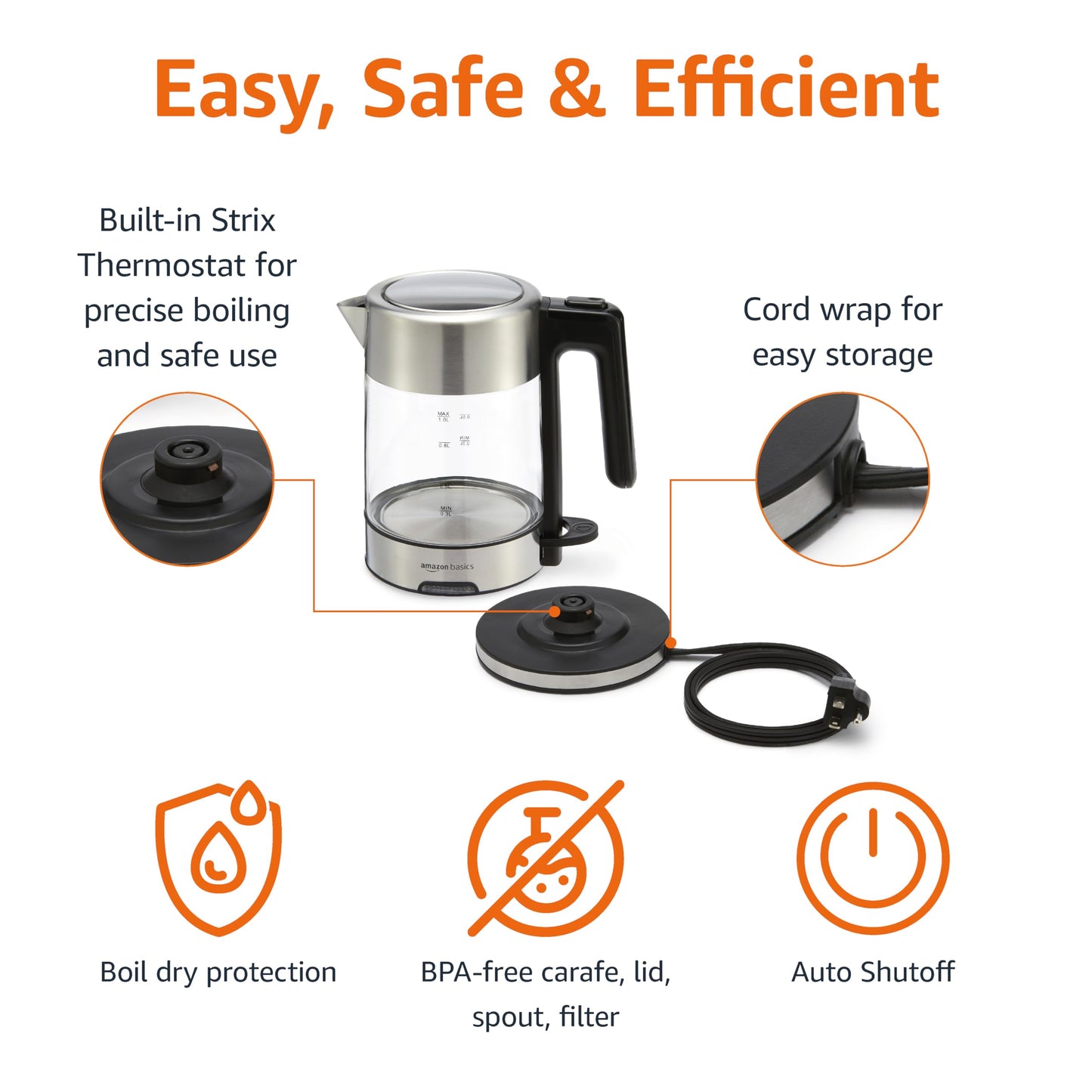 Amazon Basics Electric Kettle with Glass Carafe for Tea and Coffee, Fast Boiling, Auto Shut-Off