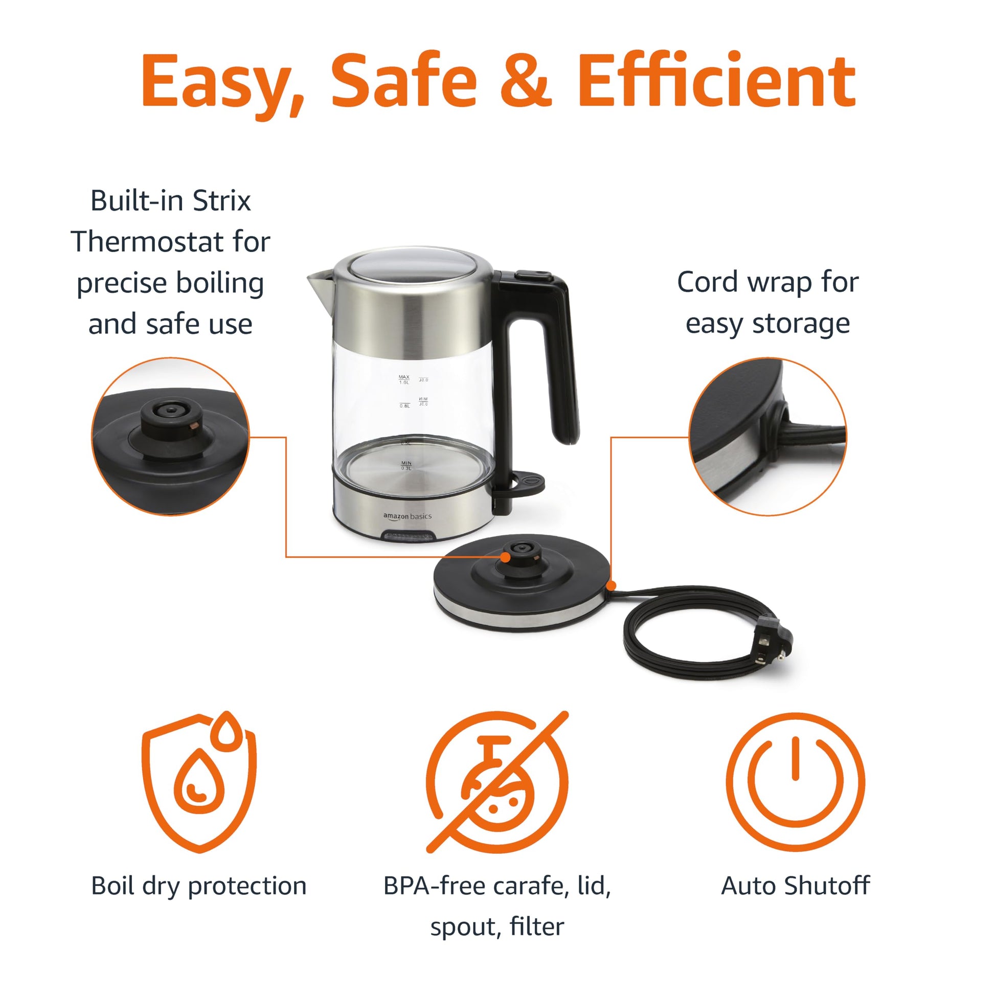 Amazon Basics Electric Kettle with Glass Carafe for Tea and Coffee, Fast Boiling, Auto Shut-Off