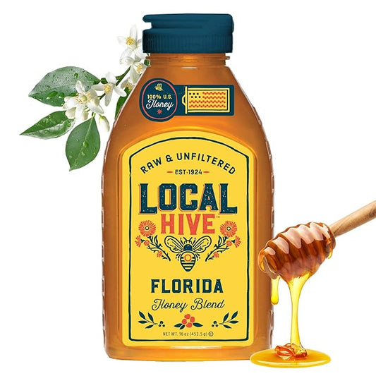 Local Hive Florida Raw Unfiltered Honey – 16oz, 100% Pure US Honey, Sourced from American Bees and Beekeepers - Natural Sweetener, Ideal for Tea, Baking, and Cooking