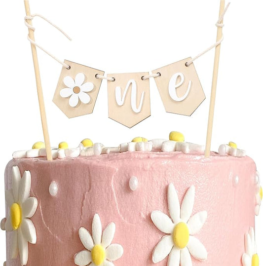 Wooden Daisy One 1st Birthday Cake Topper - Retro Groovy Boho Daisy, Best Flower Cake Topper