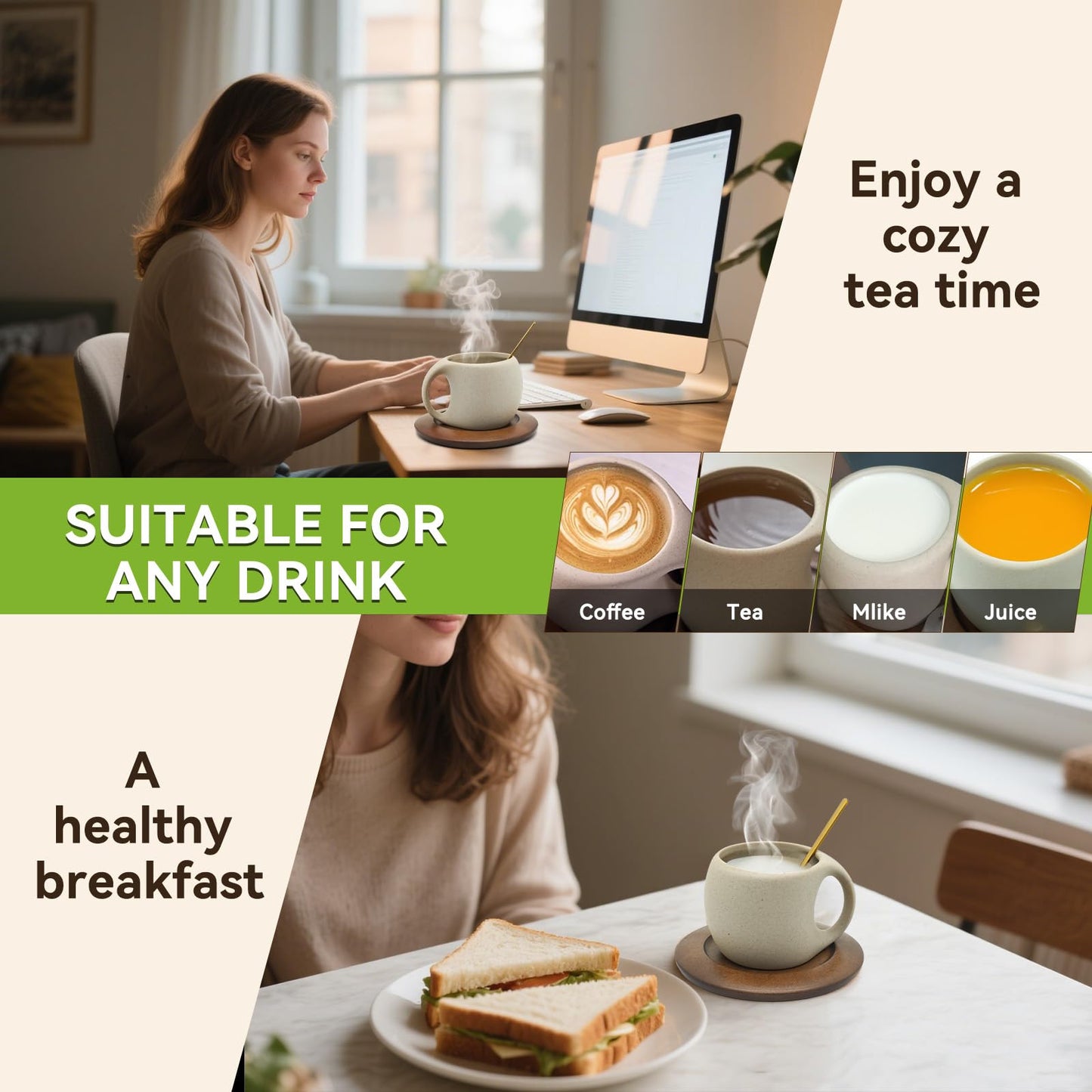 Ceramic Coffee Mug Set with Natural Wood Saucer & Spoon - 8.5 Oz Elegant Tea Cups for Latte, Hot