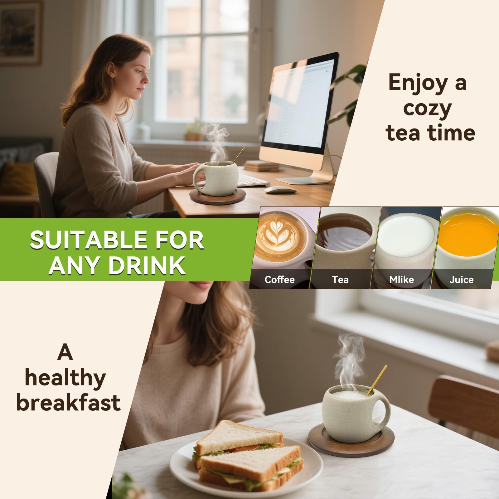 Ceramic Coffee Mug Set with Natural Wood Saucer & Spoon - 8.5 Oz Elegant Tea Cups for Latte, Hot