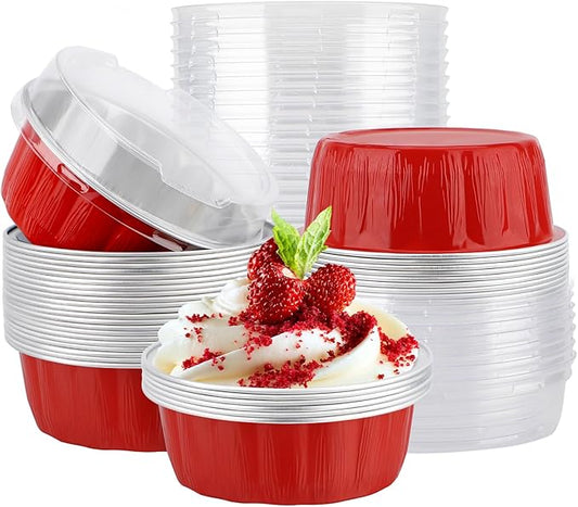 EUSOAR Cake Containers with Lids, 25pcs 9oz Red Disposable Ramekins, Muffin Liners for Baking Dessert Cups Holders with Lids Cupcakes Bread Pudding Round Wrappersfor Wedding Birthday Theme Party