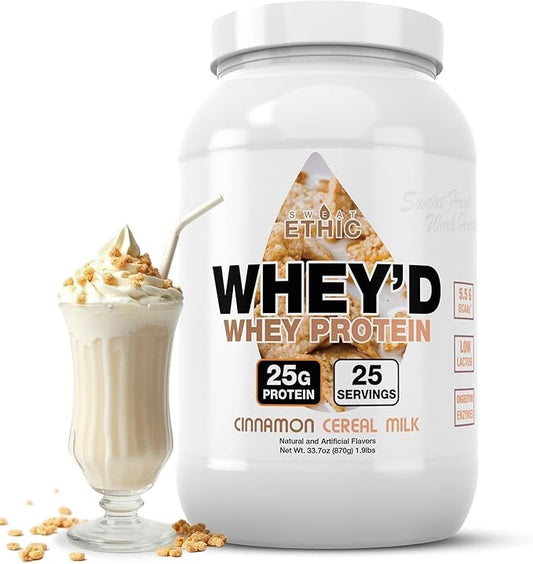 Whey'd Protein Powder, 25 G Whey Protein Blend with Concentrate, Isolate & Hydrolysate, Low Lactose & Digestive Enzymes for Easy Mixing & Smooth Texture, Cinnamon Cereal Milk, 25 Servings