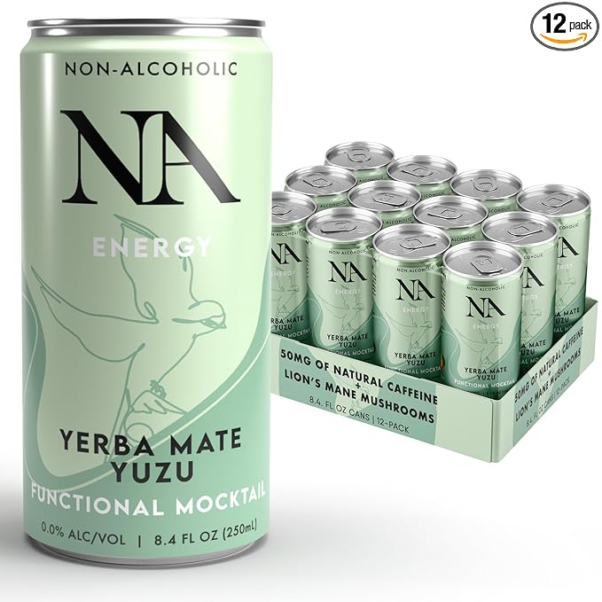 NA Non-Alcoholic Functional Mocktails with Natural Caffeine, Lions Mane Mushroom & L-Theanine for Focus and Energy | Low Sugar, Low Calorie Social Tonic, Yerba Mate Tea and Yuzu, 8.4oz Cans (12 Pack)