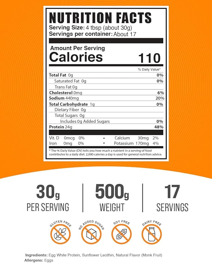 BulkSupplements.com Egg White Protein Powder - Egg White Powder, Lactose Free Protein - Unflavored & Dairy Free, 30g per Serving, 500g (1.1 lbs) (Pack of 1)