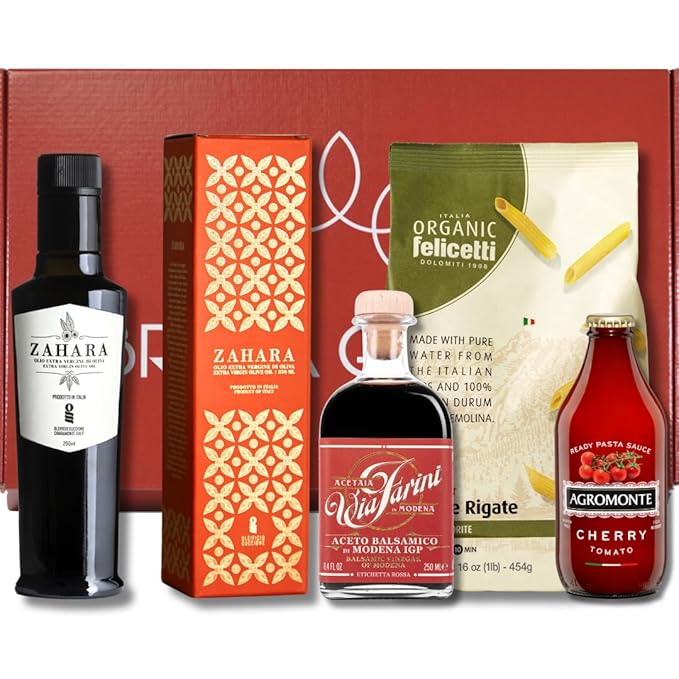 Brava Giulia Italian Gift Box – Extra Virgin Olive Oil, Balsamic Vinegar of Modena, Organic Pasta, and Cherry Tomato Sauce – Imported Gourmet Food Set from Italy
