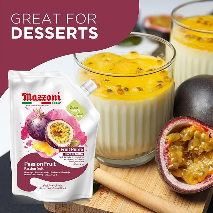 Mazzoni Passion Fruit Juice Puree, 100% Pure Passion Fruit, Maracuya, Just Fruit, No Sugar Added, 2.2 lbs (35.2 oz) Real Fruit Mixer for Cocktails, Smoothies, Drinks, Fruit Juice, Convenient Pouch, Made in Italy