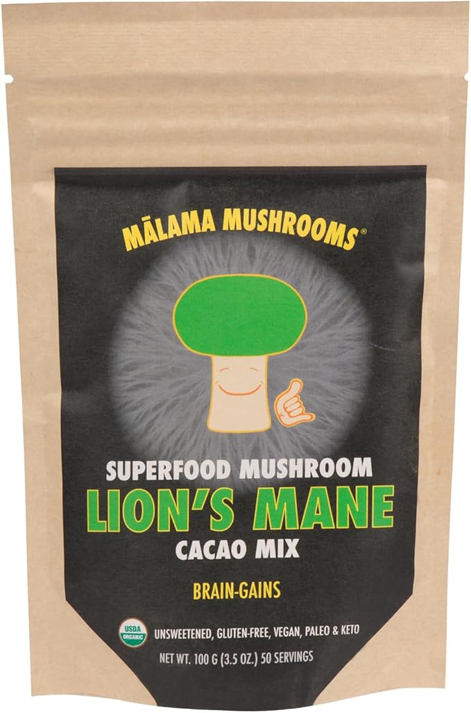 Malama Organic Mushroom Hot Cacao Mix, Lion's Mane Mushroom Powder with Fair Trade Cacao for Focus, Memory, & Immune Support ??Vegan Supplement & Superfood, Non GMO, 3.5 oz (50 Servings)