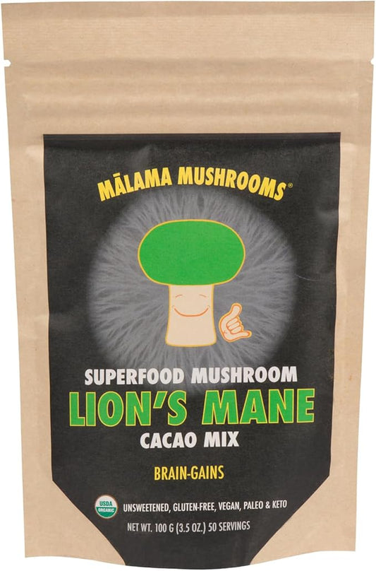 Malama Organic Mushroom Hot Cacao Mix, Lion's Mane Mushroom Powder with Fair Trade Cacao for Focus
