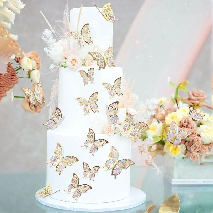 30pcs Color Gold Edge Mixed Size Lively 3D Waterproof Butterfly Cupcake Topper for Girls Women's Happy Birthday Wedding Party Cake Wall Party Food Decorations