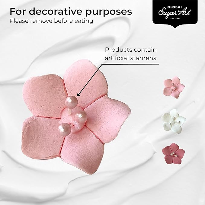 Global Sugar Art Blossom Sugar Wedding Cake Flowers with Pearl Stamens, White Unwired, 24 Count by Chef Alan Tetreault