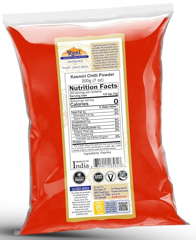 Rani Kashmiri Chilli Powder (Deggi Mirch, Low Heat) Ground Indian Spice 7oz (200g) ~ All Natural, Salt-Free | Vegan | No Colors | Gluten Friendly | NON-GMO | Kosher | Indian Origin