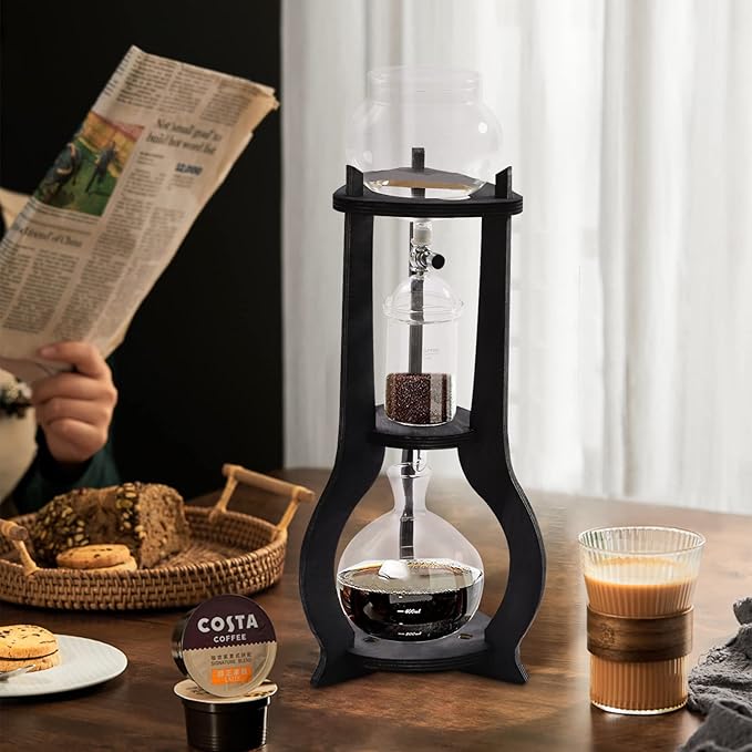 Cold Brew Drip Coffee Maker, 600ml/20.29 Ice Coffee Brewer Machine Cold-Drip Coffee Tower with Glass Container Wood Stand for Home Office