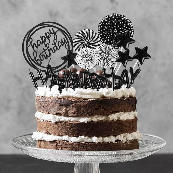 BEAN LIEVE Birthday Candles Set - Cake Topper Decoration with Cake Candles Confetti Balloon Stars and Fan Cupcake Toppers 12 Pieces Birthday Cake Decor for Birthday Party Celebration (Black)